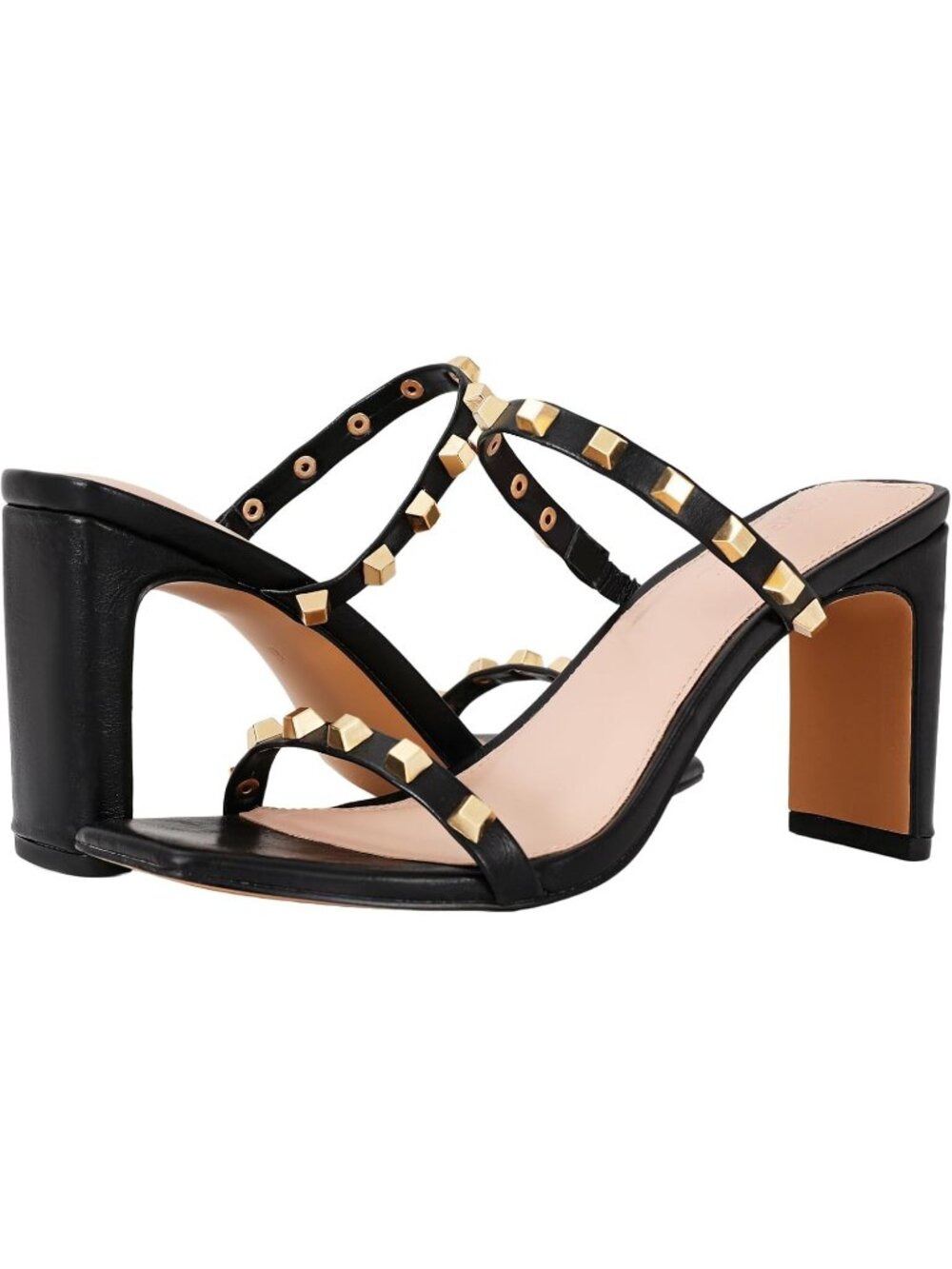 Women's Black Heeled Sandals Square Toe Two Strap Block Strappy Heels for Party